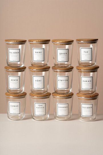 Motto - 12-Piece Pine Wood Vacuum Lid Glass Storage Container Spice Rack Set with Labels and Gifts 315 ml