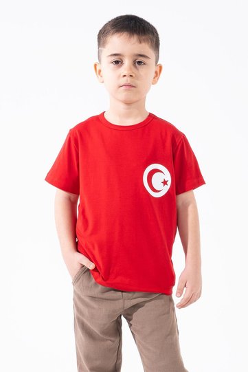 Boy's Turkish Flag Chest Crest Printed Red Tshirt