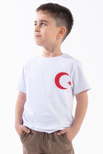 Boy's Turkish Flag Chest Crest Printed White Tshirt