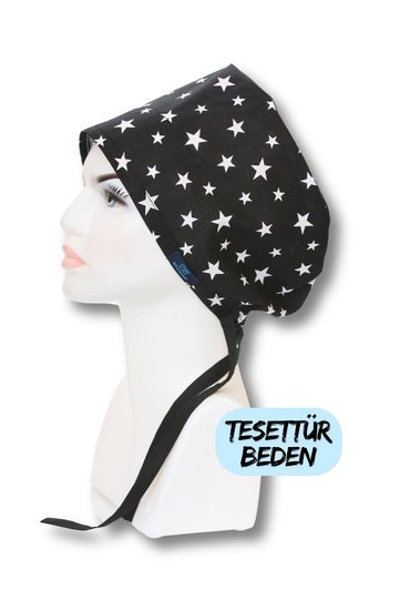 Hijab Black Big Star Patterned Surgical Bonnet Doctor Nurse Healthcare Bonnet Wide Cut
