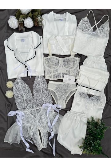 Women's White - Ecru 9-Piece Dressing Gown Nightgown Dowry Set