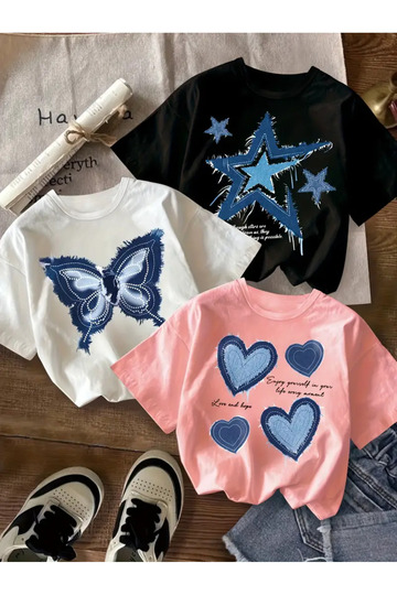 Girl's 3-Pack Butterfly-Star-Hearts Denim Themed Printed Crew Neck T-Shirt
