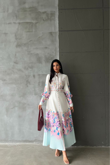 Women Floral Print Belt Design Dress Nbms4263