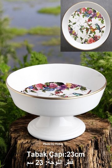 Bird Patterned Footed Ceramic Presentation Plate
