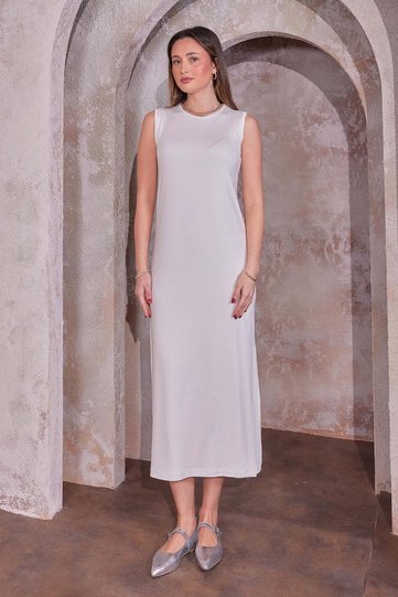 Sleeveless Combed Cotton Underwear Dress Ecru 4775