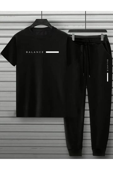 Men's Black Balance Printed T-Shirt Black Summer Tracksuit Set