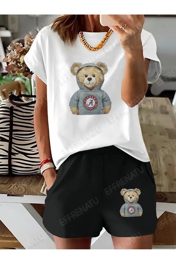 Hila Fashion Available in Plus Sizes Cute Bear Print Black and White T-Shirt and Shorts Set