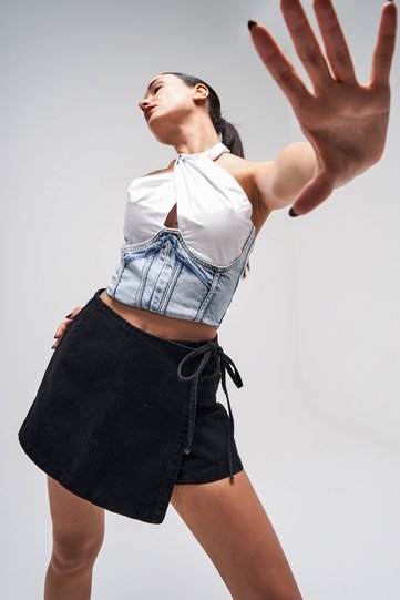 Women's Stonewashed Black Color Waist-Tie Denim Shorts Skirt