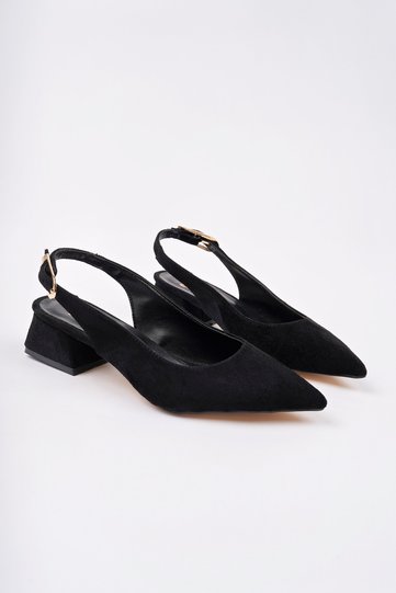 Women's Black Suede Stylish Buckle Short Heeled Shoes