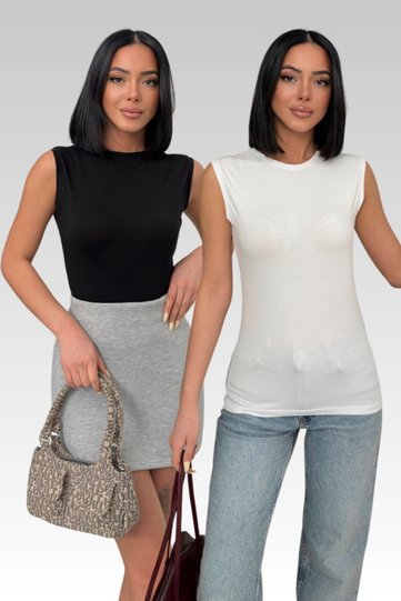 Women's Cotton 2-Piece Black and White Crew Neck Sleeveless Body Zero Sleeve Body Cotton T-Shirt Zero Neck