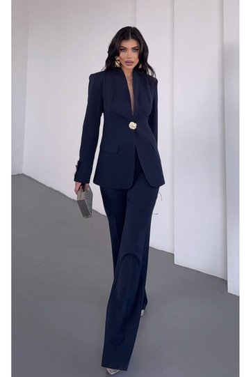 Women's Gold Buttoned Jacket Pants Suit Navy Blue