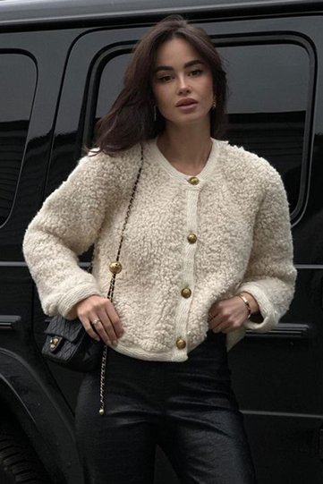 Beige Buttoned Boucle Knitwear Cardigan MG1949