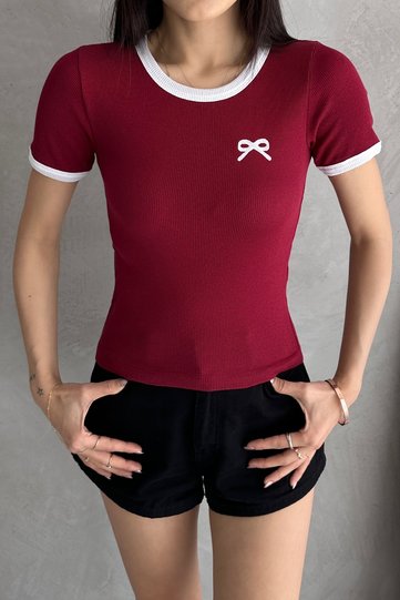 Women's Burgundy Bow Embroidered Contrast Ribbed Knitted Blouse