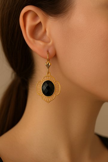 Stainless Steel - Authentic Black Stone Dangle Women's Earrings – Gold Color – Does Not Tarnish