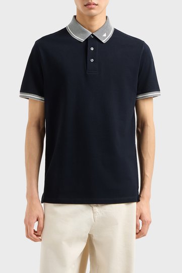 Men's Polo Neck Short Sleeve Navy Blue Polo Neck T-Shirt with Buttoned Collar and Cuff Stripe Detail Em000