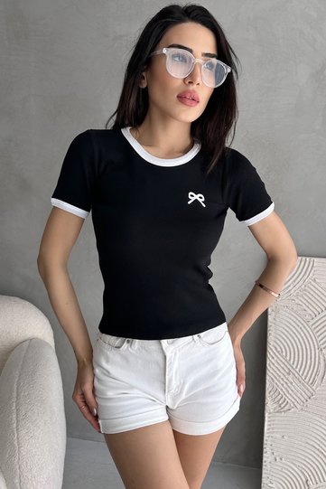 Women's Black Bow Embroidered Contrast Ribbed Knitted Blouse