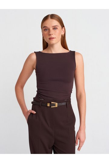 31589 Gathered Boat Neck Top-Dark Brown