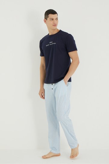 Striped Text Printed Couple Men's Pajama Set