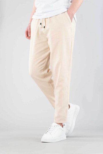 Men's Beige Casual Linen Boyfirend Pants Elastic Waist Drawstring Jogger Trousers