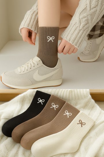 Women's Bow Ribbon Embroidery Patterned 4-Pair Women's Summer and Winter Socks Set of Cotton
