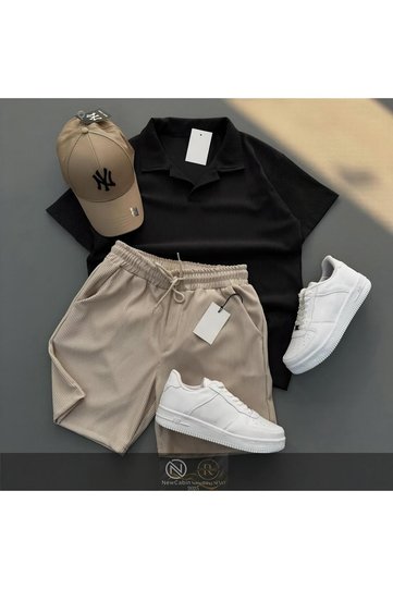 Ribbed Ottoman Premium Fabric Polo Collar Unisex T-Shirt and Shorts Set