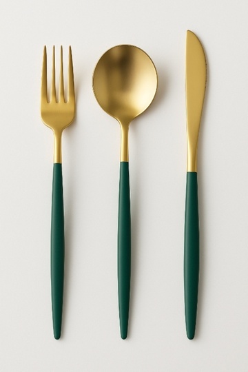 Single Modern Gold Green Stainless Steel 3-Piece Round-Shape Luxury Fork Knife Spoon Set
