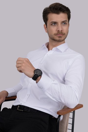 قميص رجالي Slimfit بأزرار من عرق اللؤلؤ الأبيض