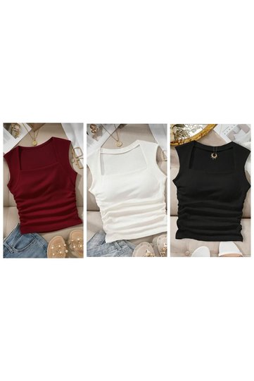 3-Piece Advantageous Package Burgundy, Black, Cream Square Collar Gathered Waist Camisole Undershirt 0026