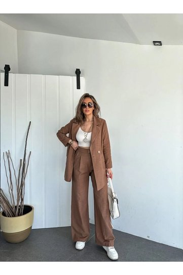 Women's Double Breasted Linen Set with Flap Pockets and Loose Trousers