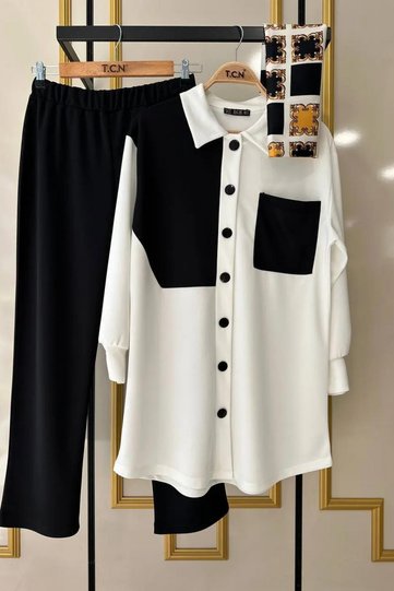 Part Detail Scuba Crepe Fabric 2-Piece Set with Pocket Details, Comfortable Fit, Black Shirt and Pants Set