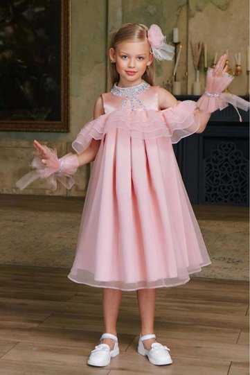 Girl's Off-Shoulder Collar Stone Embroidered Ruffled Bust Lined Salmon Evening Dress