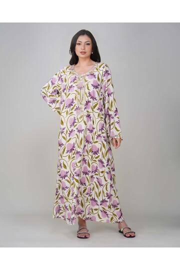 Ladies Floral Printed Jalabiya – Full-Sleeve with Embroidery Detailing on Neck