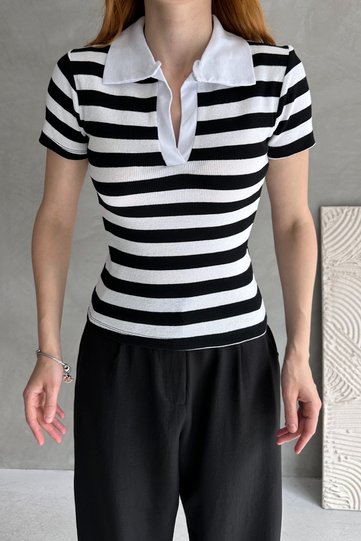 Women's Striped Black Polo Neck Ribbed Knitted Blouse