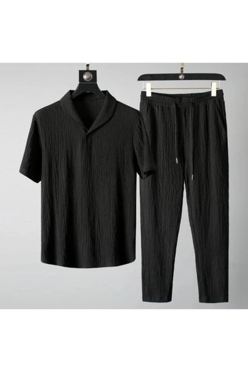 Wrapped Crinkle Fabric Summer Lycra Unisex Women Men Short Sleeve T-Shirt Sweatpants Set