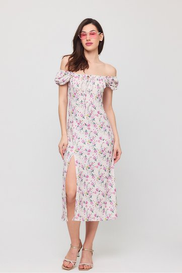Women's Yellow Multicolor Floral Print Square Neck Slit Premium Midi Dress 02