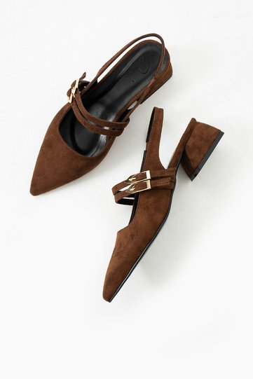 Yolanda Women's Brown Suede Double Buckle Detail Short Heeled Shoes- Ballet Flats