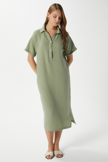 Women's Eva 100% Cotton Muslin Polo Neck Slit Khaki Midi Dress