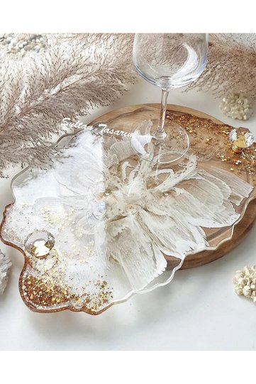 Gold Leaf Rectangular Wavy Patterned Two Person Promise Engagement Groom Presentation Epoxy Tray 18X28 cm