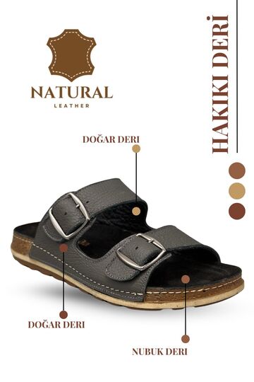 Double Buckle Adjustable Genuine Leather Men's Slippers Natural Leather Slippers t Smoked