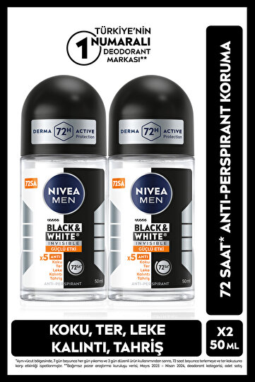 MEN Erkek Roll on Deodorant Black&White Invısıble Güçlü Etkit 50ml,2'li Avantajlı Paket