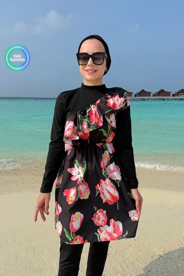 Floral Patterned Ruffle Detail Full Covered 2-Piece Hijab Swimsuit - Black