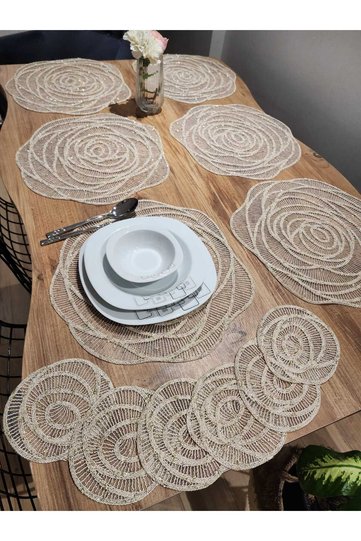 Luxury American Service 12 Pieces 6 Plates 6 Coasters Gold Silvery Beige (Milk Coffee)
