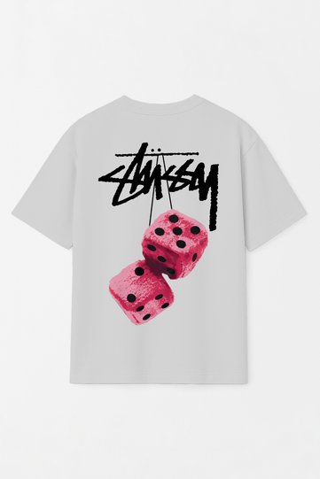 Unisex Stüssy Dice Printed Oversize 100% Cotton Wide Cut Textured Crew Neck Gray T-Shirt Rf0511