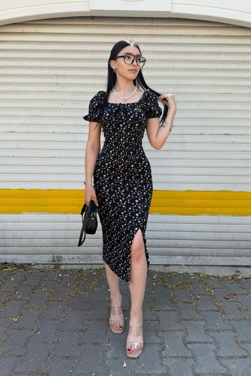 Watermelon Sleeve Small Flower Pattern Slit Dress