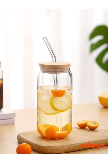 600ml Borosilicate Presentation Cup with Bamboo Lid and Straw, Coffee Cup, Heat Resistant Cup Coollime