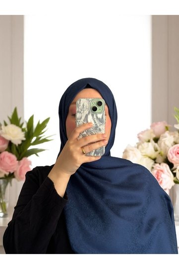 Papatya Series Floral Patterned Jacquard Shawl - Navy Blue