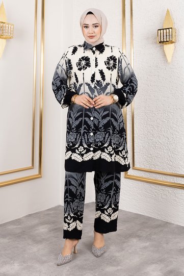 Colorful Floral Patterned Viscose Set Tsd250111 Black