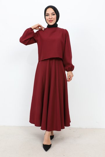 Skirt Suit with Elastic Sleeves TSD231105 Claret Red