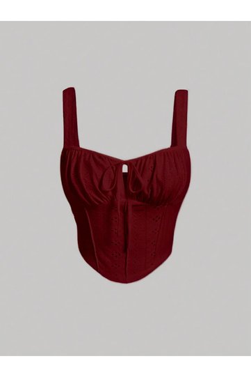 Burgundy Embroidered Pattern Plunging Neckline Front-Laced Strappy Cropped Top, Burgundy Embroidered Pattern Blouse