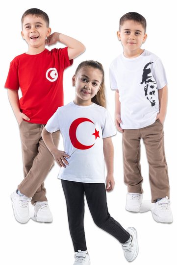 Turkish Flag Ataturk Printed T-Shirt (Price for 3 Pieces) 4-14 Years Girls-Boys